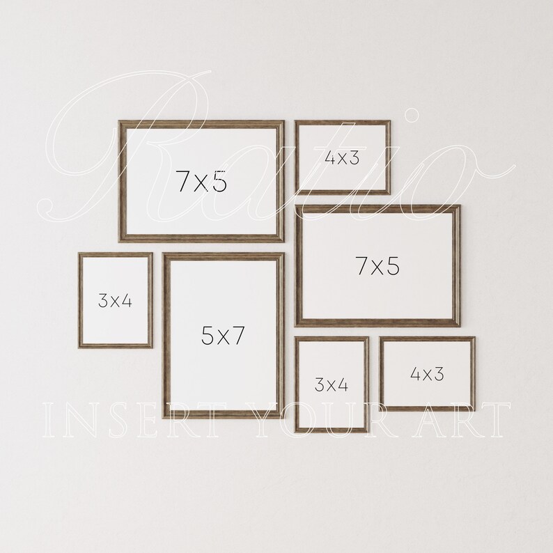 May include: A wall gallery featuring six wooden picture frames in various sizes. The frames are arranged in a staggered pattern, with the largest frame at the top and the smallest frame at the bottom. The frames are all empty, ready for photos or artwork. The frames are labeled with their dimensions: 7x5, 5x7, 3x4, 4x3, 7x5, and 4x3.