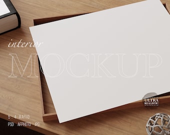 5x4 Wooden Frame Mockup lie on Table, Close up Horizontal Thin Frame Top Down View, Digital Mockup For Prints Posters Wall Art Display PSD