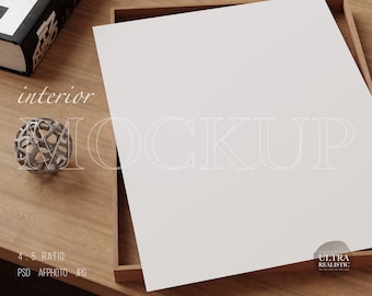 4x5 houten frame mockup liggen op tafel, close-up verticaal dun frame mockup top-down weergave, digitale mockup voor prints posters muur kunst display