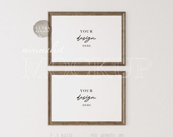 Dark Wooden Frame Mockup, Antique Frame Mockup, Set of 2 2x3 Ratio Frame, Horizontal Frame Mockup For Prints, Minimalist Framed Art Display