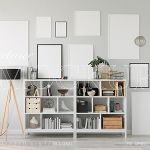 9 Frames Mockup, Gallery Wall Frame Mockup, Mockup For Printable Poster, Digital Frame Mockup, Mixed Ratio Black & White Frame Mockup PSD