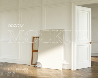 5x7 Cotton Canvas Mockup, Tall Vertical Painting Mockup, Minimalist Artist Room, Natural Light and Shadow Big Oil Drawing Canvas Mockup PSD