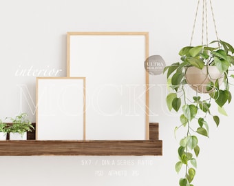 Vertical Frame Mockup, 5x7 Wood Frame Mockup on Picture Ledge, Minimalist Interior Mockup, Digital Art Print Poster Mockup on Floating Shelf