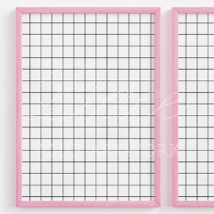 May include: Two pink picture frames with a grid pattern on the white background. The frames are side by side and are ready for your artwork.