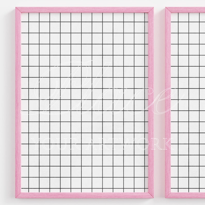 May include: Two pink picture frames with a grid pattern on the white background. The frames are side by side and are ready for your artwork.