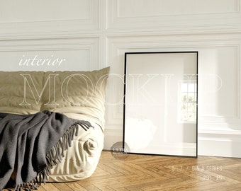 5x7 Tall Black Frame Mockup, Natural Light Mockup for Poster, Glass Reflection Vertical Frame, Minimalist Interior Scandinavian Frame PSD