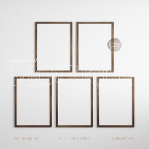 Five 5x7 Dark Brown Wooden Frame Mockup, 5 Vertical Rough Antique Frame Mockup PSD, Weathered Frame, Rustic Frame For Vintage Oil Paint Art