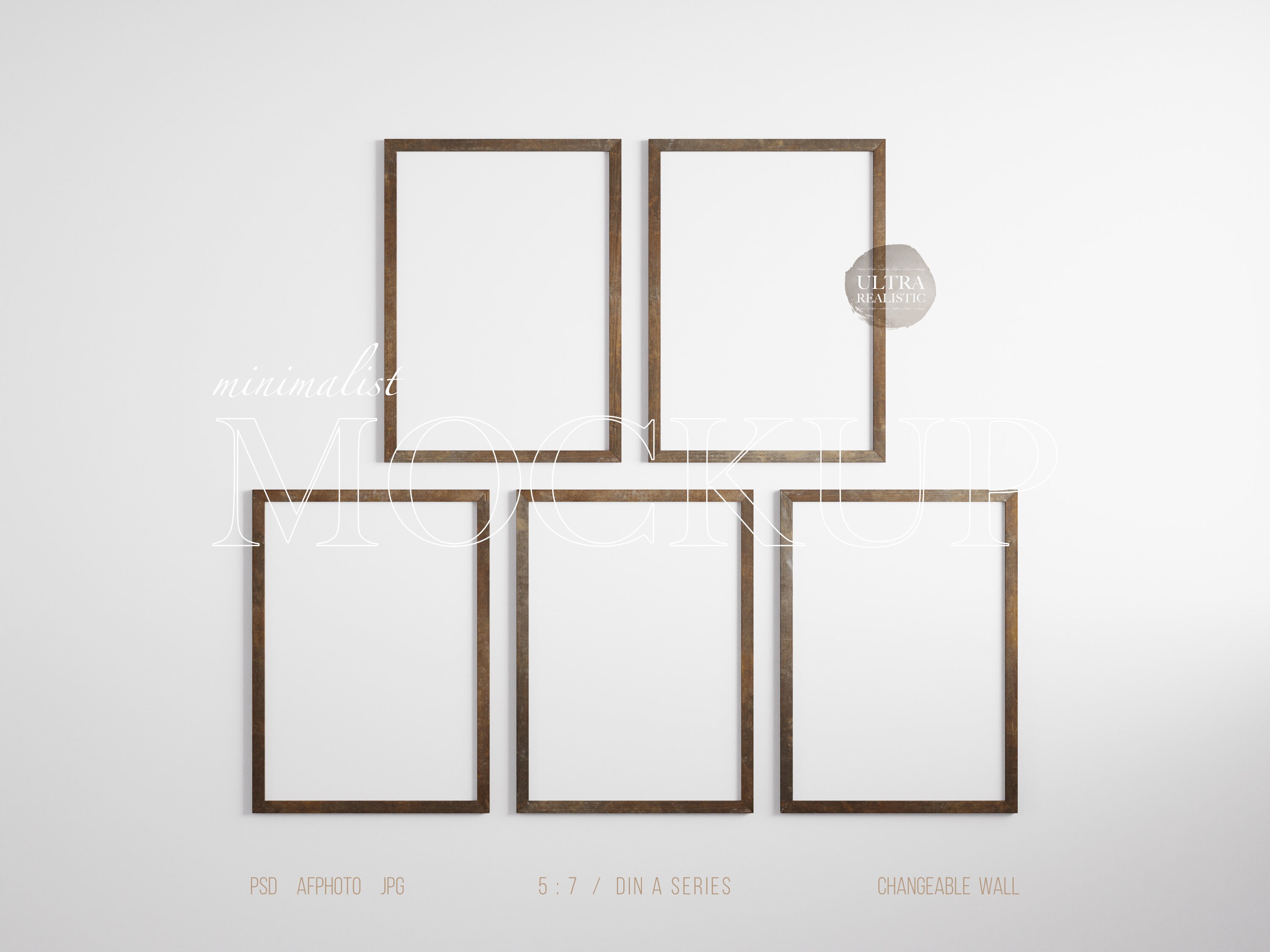 Five 5x7 Dark Brown Wooden Frame Mockup, 5 Vertical Rough Antique Frame Mockup PSD, Weathered Frame, Rustic Frame For Vintage Oil Paint Art