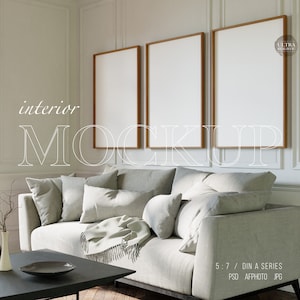 Frames Mockup 3 DIN A, Set of Three Wooden Frames Mockup, Digital Vertical Frame Mockup in White Living Room, Prints Posters Wall Art Mockup