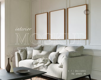 Frames Mockup 3 DIN A, Set of Three Wooden Frames Mockup, Digital Vertical Frame Mockup in White Living Room, Prints Posters Wall Art Mockup