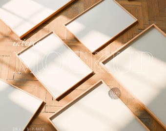Set of 7 Flat Lay Wood Frame Mockup on Wooden Floor, DIN ISO Frame Mockup Close Up, Realistic Frame Mockup, Wall Art Poster Frame Mockup PSD