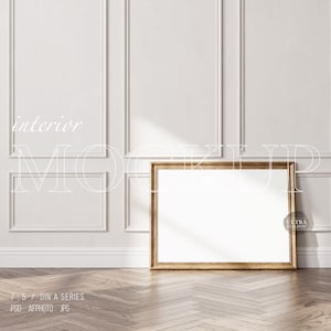 Antique Horizontal Frame Mockup, Old Large Frame 7x5 Ratio DIN A, Modern White Wall Panelling, Mid Century Dark Wood Frame Mockup For Poster