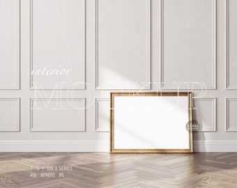 Antique Horizontal Frame Mockup, Old Large Frame 7x5 Ratio DIN A, Modern White Wall Panelling, Mid Century Dark Wood Frame Mockup For Poster