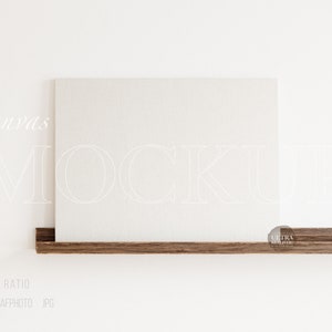 Baumwolle Leinwand Rahmen Mockup, 4x3 horizontale Leinwand Mockup auf Bildleiste, minimalistisches Float Regal, Digital Art Print Poster Mockup