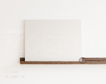 Cotton Canvas Frame Mockup, 4x3 Horizontal Canvas Mockup on Picture Ledge, Minimalist Interior Float Shelf, Digital Art Print Poster Mockup