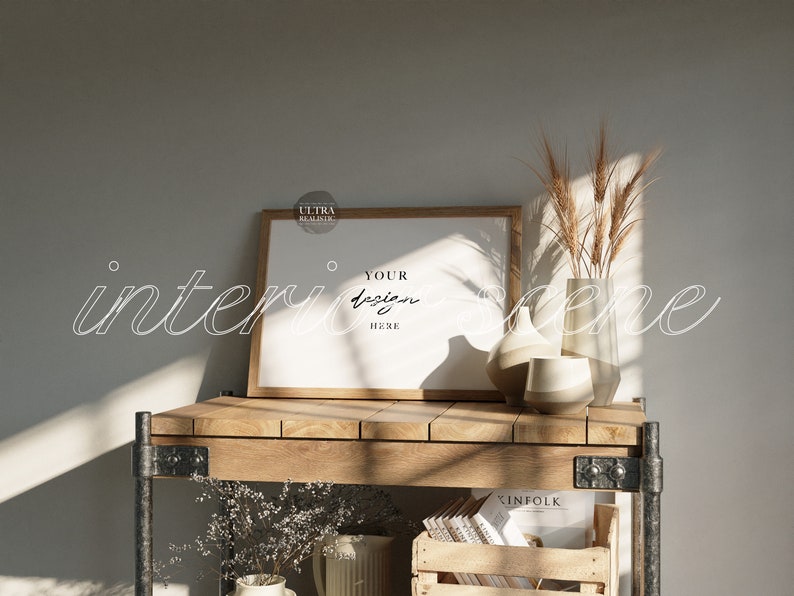 Maquete de moldura de madeira de bordo DIN A 7x5 na prateleira, maquete escandinava horizontal PSD, maquete digital moderna de moldura nórdica para galeria de arte imprimível imagem 2