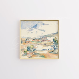 Puede incluir: Una pintura de acuarela de un paisaje con una cordillera de monta&ntilde;as en el fondo y un peque&ntilde;o pueblo en primer plano. La pintura est&aacute; realizada en tonos de azul, verde, amarillo y marr&oacute;n.