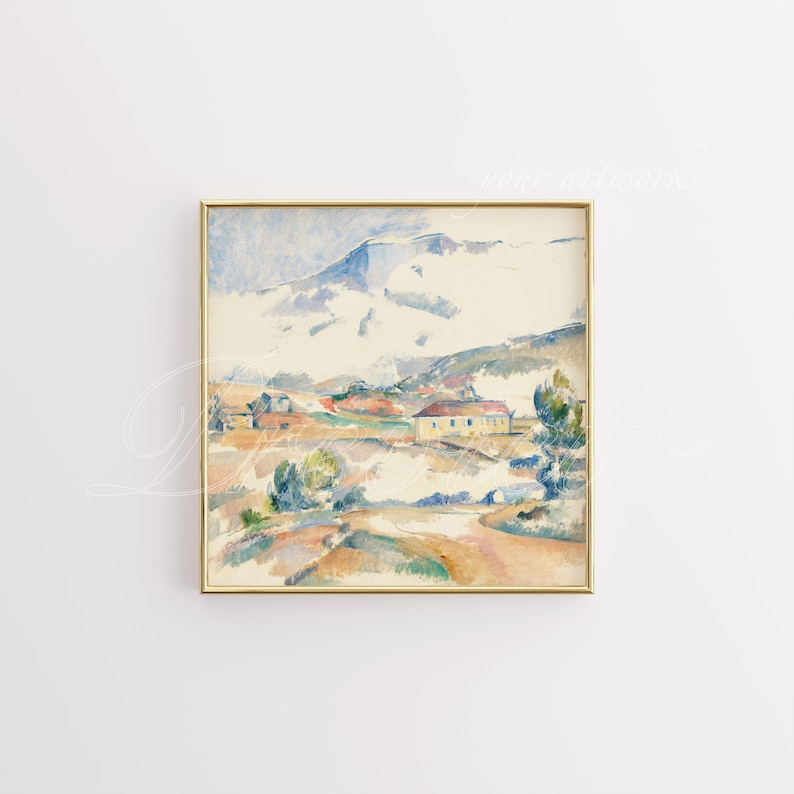 Puede incluir: Una pintura de acuarela de un paisaje con una cordillera de monta&ntilde;as en el fondo y un peque&ntilde;o pueblo en primer plano. La pintura est&aacute; realizada en tonos de azul, verde, amarillo y marr&oacute;n.