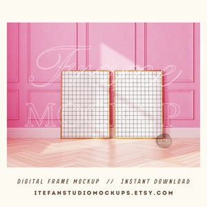May include: Two gold picture frames with a grid pattern on a pink wall with white trim. The frames are empty and ready for your artwork or photos.