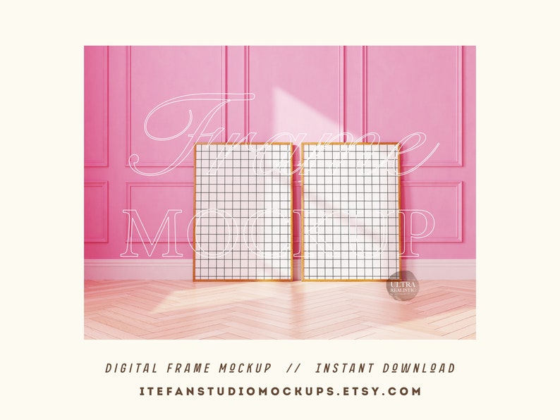 May include: Two gold picture frames with a grid pattern on a pink wall with white trim. The frames are empty and ready for your artwork or photos.