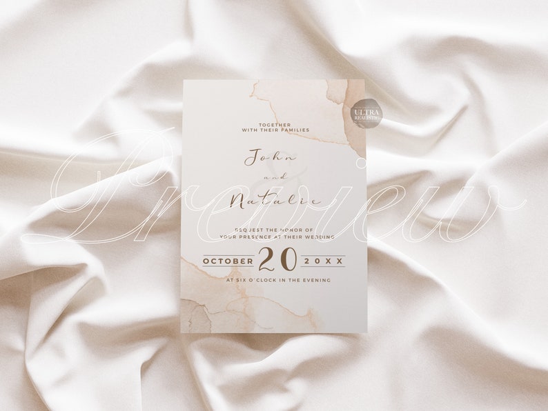 May include: A wedding invitation with a watercolor background in shades of beige and brown. The invitation reads "Together with their families, John and Natalie request the honor of your presence at their wedding, October 20, 20XX, at six o'clock in the evening."