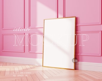 Feminine Frame Mockup, Minimalist Interior Frame Mockup, 5x7 Ratio, Wood Frame on Pink Wall, Blush Vertical Frame Mockup, Pink Wall Paneling