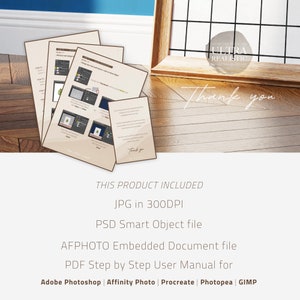 May include: A digital product listing for a realistic leaf mockup. The product includes a JPG image, PSD smart object file, AFPHOTO embedded document file, and a PDF step-by-step user manual for Adobe Photoshop, Affinity Photo, Procreate, Photopea, and GIMP.