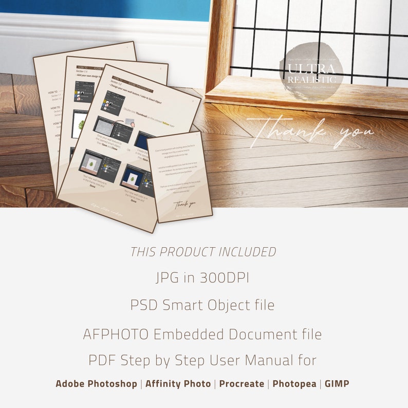 May include: A digital product listing for a realistic leaf mockup. The product includes a JPG image, PSD smart object file, AFPHOTO embedded document file, and a PDF step-by-step user manual for Adobe Photoshop, Affinity Photo, Procreate, Photopea, and GIMP.