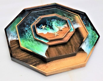 Octagonal Ocean resin charcuterie tray with safe edge, Walnut resin serving tray, gift for her, Christmas gift, thanksgiving gift