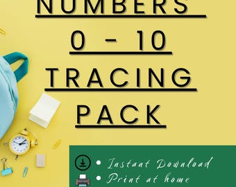 Puede incluir: Un fondo amarillo con texto negro que dice "Numbers 0-10 Tracing Pack". Debajo del texto hay tres iconos: un icono de descarga, un icono de impresora y un icono de libro. El texto debajo de los iconos dice "Descarga instantánea, Imprimir en casa, Fácil de usar".
