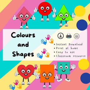 May include: A colorful educational graphic with the text "Colours and Shapes." The image features cartoon shapes: a red diamond, a red circle, a green triangle, a red heart, an orange square, and a teal square, each with a face and thumbs up.