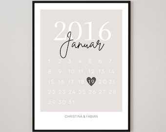 Personalisiertes Poster Paare mit Datum Kalender | Jahrestag Liebe | Poster Vornamen | Geschenk Valentinstag, Jahrestag, Hochzeit, Verlobung