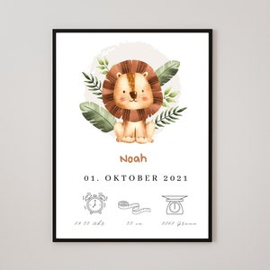 Bild Kinderzimmer Löwe mit Namen und Geburtsdaten personalisiert | Geschenk Geburt junge | Geburtsposter jungen mädchen | Poster Baby Geburt
