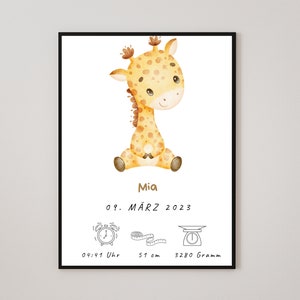 Geburtsposter Giraffe Geburtsdatenbild, Geburtsdaten Poster mit Namen Baby Geburt Poster, Geburtsposter  Junge & Mädchen Tier personalisiert