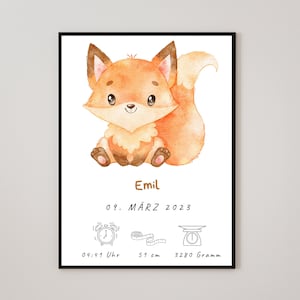 Geburtsposter Fuchs Geburtsdatenbild, Geburtsdaten Poster mit Namen Baby Geburt Poster, Geburtsposter  Junge & Mädchen Tier personalisiert