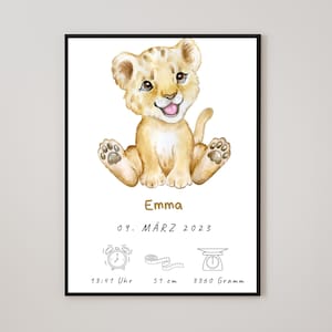 Geburtsposter Löwe Geburtsdatenbild, Geburtsdaten Poster Baby Geburt, Geburtsposter Junge & Mädchen mit Tier und Namen personalisiert Baby