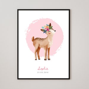 Bild Kinderzimmer Reh Namen Geburtstag personalisiert Geburtsposter jungen mädchen Poster Kinderzimmer personalisiert Bild Waldtiere