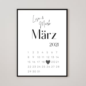 Couple with Date Calendar | Personalized Poster anniversary love | Poster First Names | Gift Valentine's Day, Anniversary, Wedding, Engagement