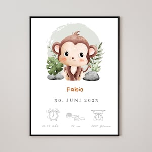 Bild Kinderzimmer Affe mit Namen und Geburtsdaten personalisiert, Geburtsposter Geschenk Geburt für Jungen Mädchen, Poster Baby Geburt