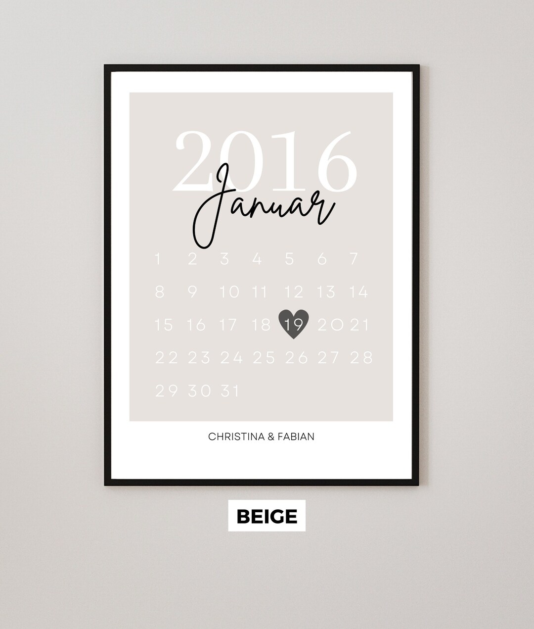 Personalisiertes Poster Paare mit Datum Kalender Jahrestag Liebe Poster 