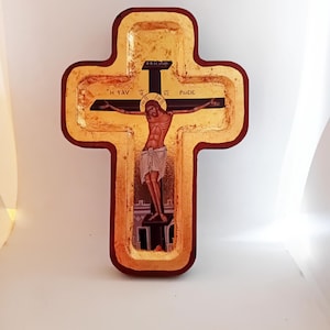 Greek Orthodox Wall Cross with Icon of Christ , Byzantine Iconography, Golden Leaf Print, Easter or Home Decor, Crucifixion Icon