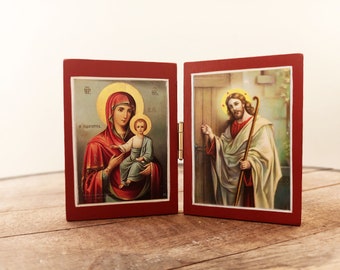 Small diptych Orthodox icon, Virgin Mary with baby Christ and Jesus knocking on the door, standing travel size icon for bookshelf or desk