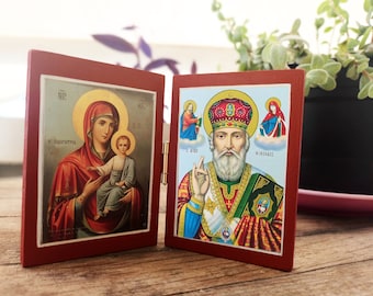 Small diptych Orthodox icon, Virgin Mary with baby Christ and Saint Nicholas the Patron Saint of sailors, standing travel size desktop icon