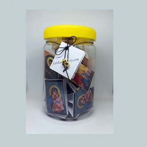 Versets de la Bible dans un pot en plastique, 30 cartes d'icônes orthodoxes imprimées miniatures de l'Écriture, cadeau chrétien pour la prière et l'encouragement, pot de bénédiction