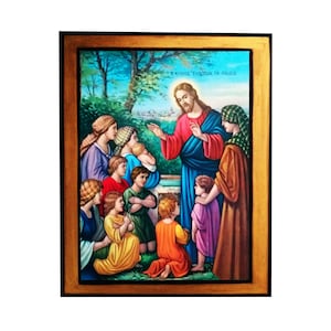 May include: A religious icon depicting Jesus Christ surrounded by children. The icon is painted in a traditional style with vibrant colours. The text at the top reads "&Omicron; &Kappa;&Upsilon;&Rho;&Iota;&Omicron;&Sigma; &Epsilon;&Upsilon;&Lambda;&Omicron;&Gamma;&Eta;&Tau;&Omicron;&Nu; &Tau;&Alpha; &Pi;&Alpha;&Iota;&Delta;&Iota;&Alpha;".