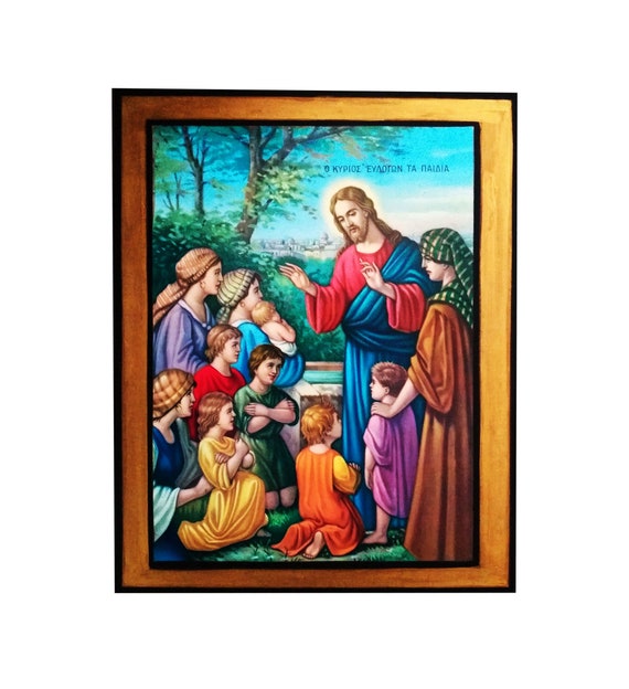 Jesus Blessing Children Icon, Handmade Christian Wall Art, Orthodox Wood Plaque Gift