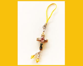 Delicate yellow ceramic hanging cross charm, car accessory, key accessory, christmas tree ornament, gift tag, holiday stocking filler