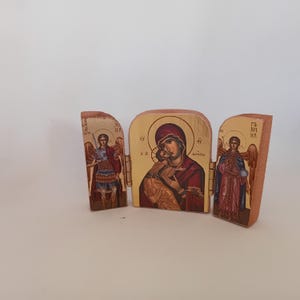 Mini Orthodox Triptych Icon of Virgin Mary and Jesus, Greek Christian Gift, Pocket size prayer icon, miniature icon