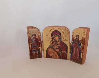 Mini Orthodox Triptych Icon of Virgin Mary and Jesus, Greek Christian Gift, Pocket size prayer icon, miniature icon