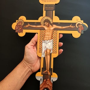 Crucifix Jesus Christ wall Cross, printed icon on wood, Greek Orthodox Byzantine Holly Cross, home icon corner or chapel church Crucifixion